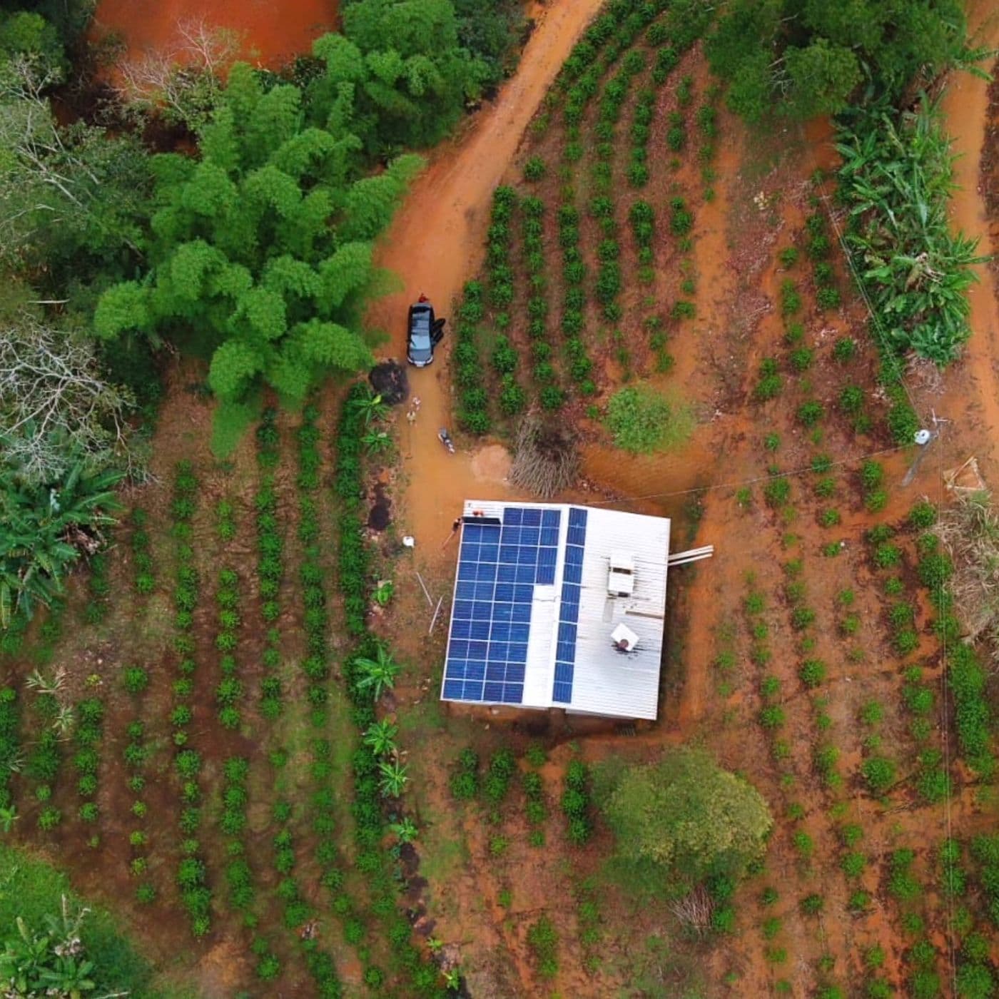 Vista aérea de construção com painéis solares no telhado, cercada por plantação